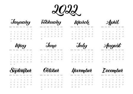 Vector Calendar Planner for 2022 Year with handdrawn lettering and color doodles. Set of 12 Months. Week Starts Monday. Stationery Design.のイラスト素材