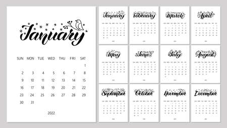 Vector Calendar Planner for 2022 Year with handdrawn lettering and color doodles. Set of 12 Months. Week Starts Sunday. Stationery Design.のイラスト素材