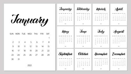 Vector Calendar Planner for 2022 Year with handdrawn lettering and color doodles. Set of 12 Months. Week Starts Sunday. Stationery Design.のイラスト素材
