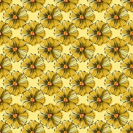 Seamless floral vector pattern with daisies on an yellow background in flat techniqueのイラスト素材