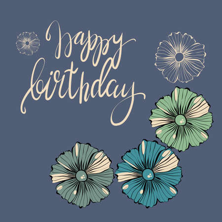 Happy birthday card with flowers in doodle technique on a blue backgroundのイラスト素材
