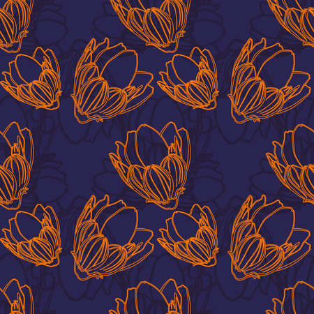 Seamless vector floral pattern with orange doodle flowers on a blue backgroundのイラスト素材