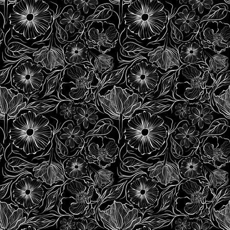 Seamless botanical vector pattern with white flowers and leaves on a black background in doodle techniqueのイラスト素材