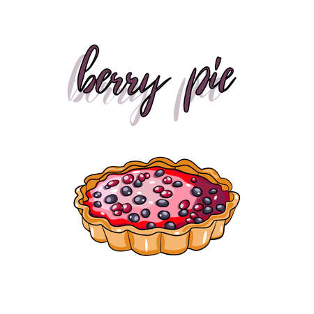 A berry pie with blueberries and cranberry isolated on white in digital flat technique vector illustrationのイラスト素材