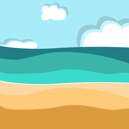 Vector background with ocean and beach in flat technique with a sky and cloudsのイラスト素材