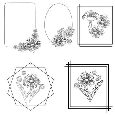 Vector illustration with set of frames with flowers in doodle technique isolated on whiteのイラスト素材