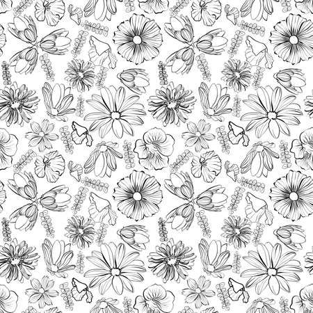 Seamless floral pattern with spring flowers in doodle technique on a white background vector illustrationのイラスト素材