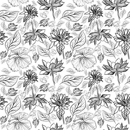 Seamless floral vectors pattern with sunflower, hibiscus and lotuses in doodle techniqueのイラスト素材
