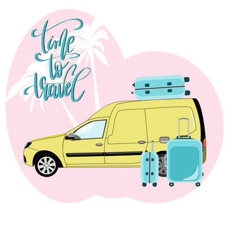Time to travel vector illustration with a car and luggage on a geometric pink background in flat techniqueのイラスト素材