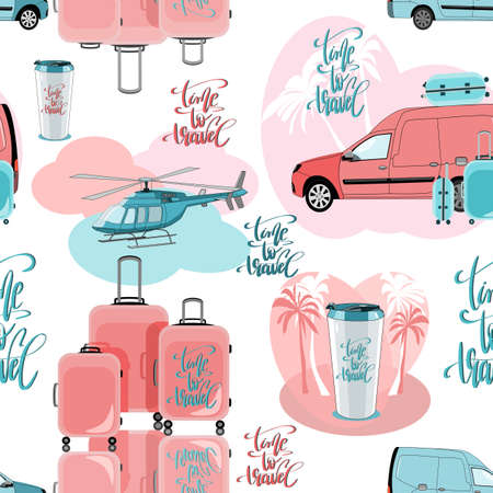 Seamless vectors travel pattern with a helicopter, suitcases, a travel mug, and cars in flat techniqueのイラスト素材