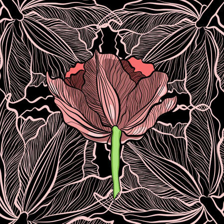 Vector illustration with a red tulip in doodle technique on a black backgroundのイラスト素材
