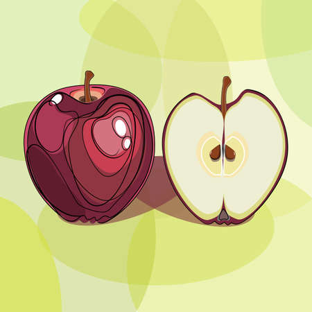 Red apple whole and cut on a green geometric background in digital flat technique vector illustrationのイラスト素材