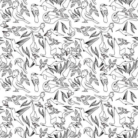 Seamless animalistic pattern with birds and leaves on a white background in doodle technique vector illustrationのイラスト素材