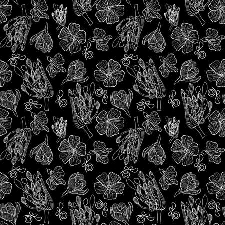 Seamless botanical pattern with white flowers on a black background in doodle technique vector illustrationのイラスト素材
