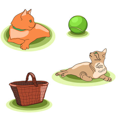 Two cats with ball and basket in flat technique vector illustrationのイラスト素材