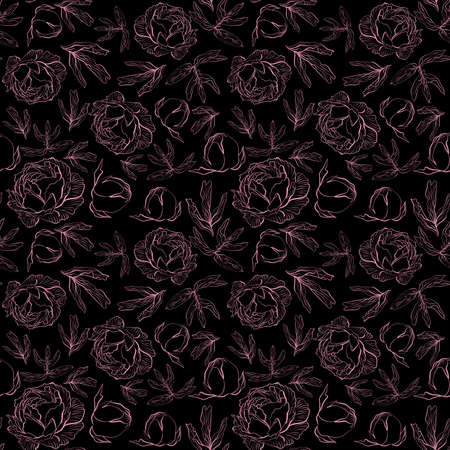 Seamless floral vector pattern with flowers and buds of peonies on a black background in doodle techniqueのイラスト素材