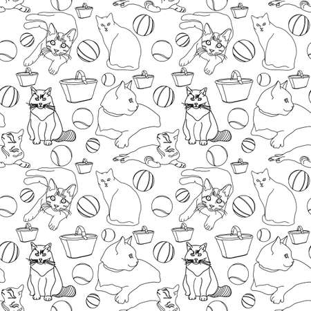 Doodle cats seamless animalistic pattern with cats, balls and baskets in doodle techniqueのイラスト素材