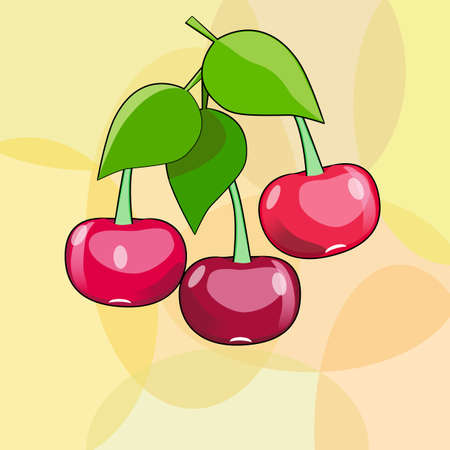 Red cherries on twigs with leaves on a yellow geometric background  in digital flat techniqueのイラスト素材
