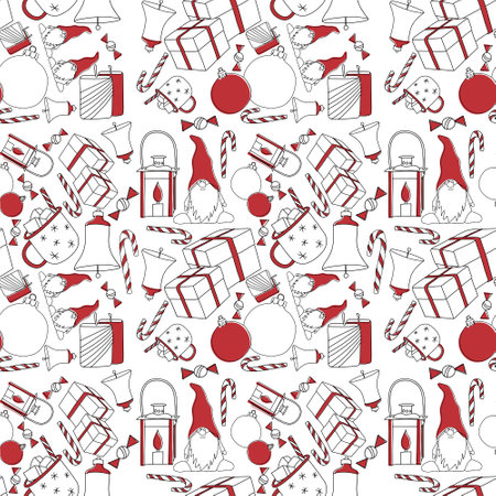 Christmas decorations, balls, gnomes, candles, lantern, gift boxes, lollipop, candy, seamless pattern on a white background in doodle styleのイラスト素材
