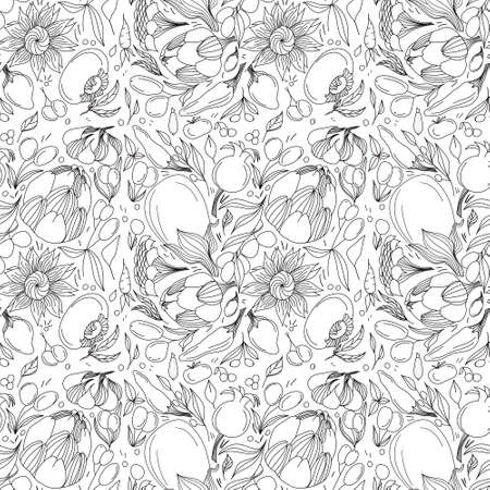 Seamless  botanical pattern with flowers, leaves, and vegetables in doodle style on a white backgroundのイラスト素材