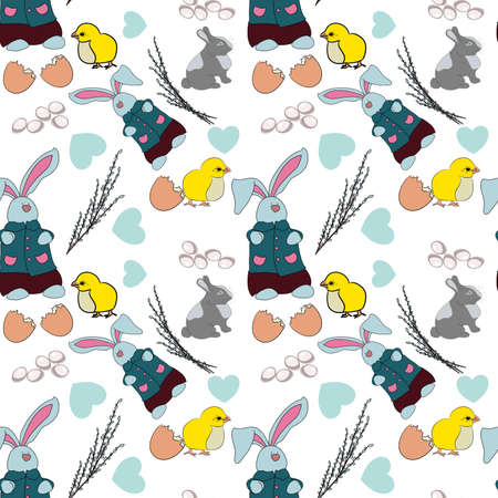 Seamless holiday pattern with Easter bunny, chick and shell, willow twigs, blue hearts, and rabbits in digital flat technique vector illustrationのイラスト素材