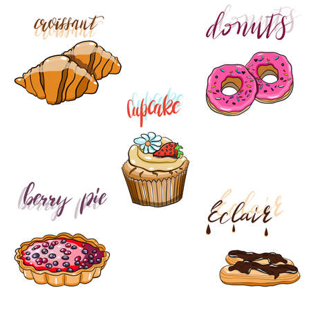 Vector illustration with set of desserts, with pie, eclair, cupcake, donuts, and croissants in flat...
