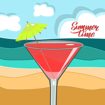 Cocktail Cosmopolitan on the beach with sky and clouds in flat technique vector illustrationのイラスト素材