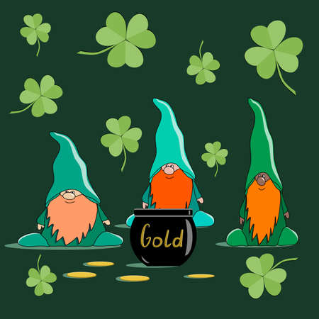 St. Patrick`s Day vector illustration. leprechauns sits on a pot of gold and shamrock around in flat technique on a green backgroundのイラスト素材