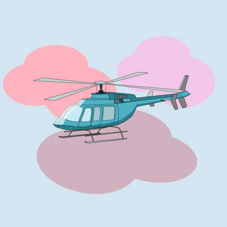Blue helicopter on the background of pink clouds in digital flat technique vector illustrationのイラスト素材