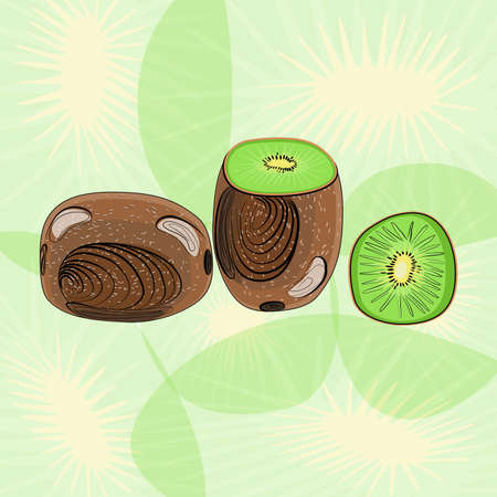Kiwi fruit whole, cut and sliced on a green geometric background in flat techniqueのイラスト素材