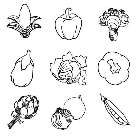 Set of vegetables with broccoli, eggplant, peppers, peas, onion, corn, cabbage, in doodle line art technique isolated on whiteのイラスト素材