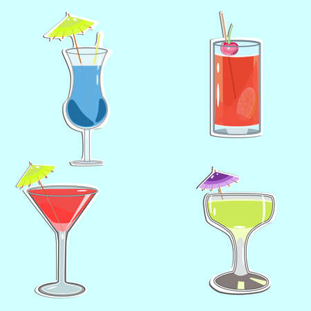 Set of cocktails in flat technique on a blue background vector illustrationのイラスト素材