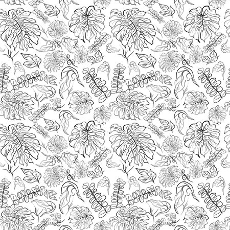 Seamless botanical pattern with monstera and eucalyptus in doodle style vector illustrationのイラスト素材