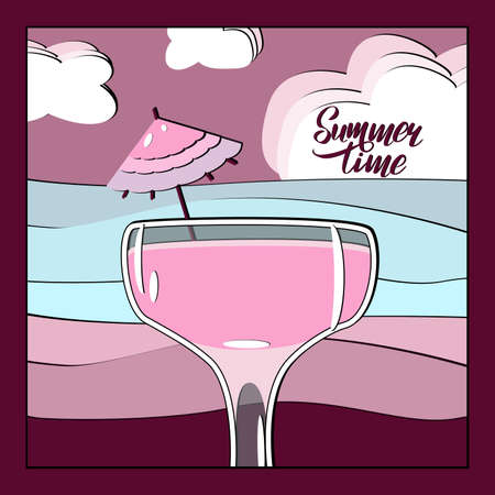 Vector illustration card with cocktail on the beach in paper art techniqueのイラスト素材