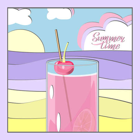 Vector illustration card with cocktail on the beach in paper art techniqueのイラスト素材