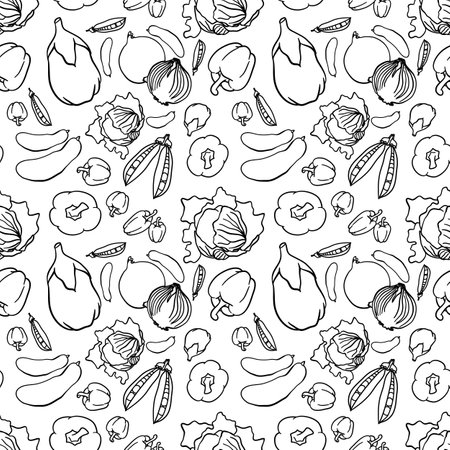 Seamless botanical pattern in doodle technique vector illustration on a white background with eggplant, peppers, onion, peas, cabbage and cucumberのイラスト素材