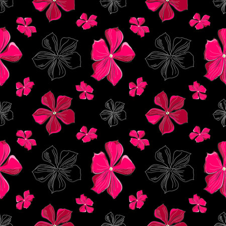 Seamless vector floral pattern with pink flowers in doodle technique on a black backgroundのイラスト素材
