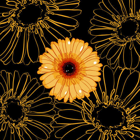 Vector floral illustration with yellow gerbera on a black background in flat techniqueのイラスト素材