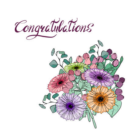 Congratulation card with bouquet of gerbera flowers on a white background vector illustrationのイラスト素材