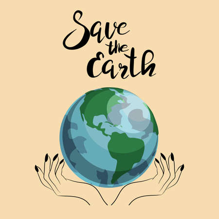 Save the earth vector illustration with hands holding the planet on a yellow backgroundのイラスト素材