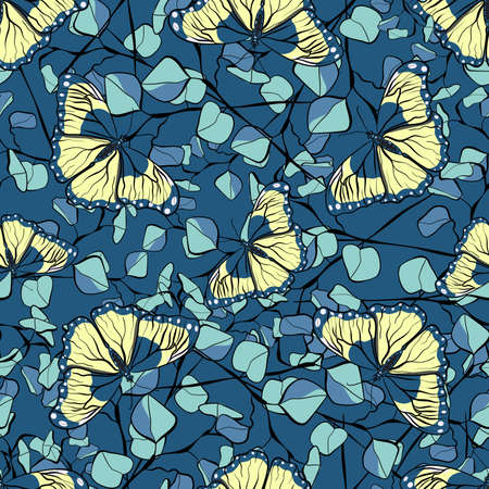 Seamless botanical vector pattern with yellow butterflies and eucalyptus branches on a blue backgroundのイラスト素材