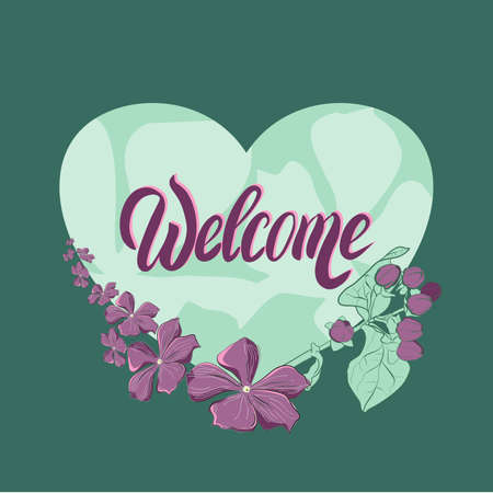 Vector frame heart with flowers and text Welcome on a green backgroundのイラスト素材