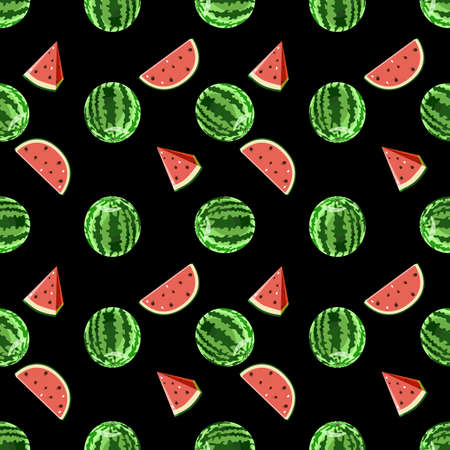 Seamless botanical vector pattern with watermelons on a black background