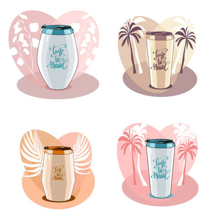 Vector illustration with set of travel mugs in flat technique isolated on white backgroundのイラスト素材