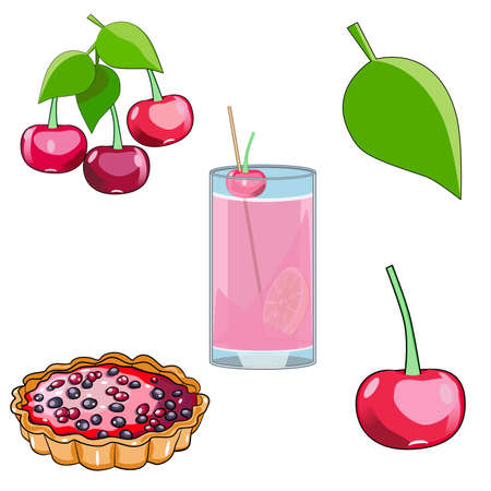 Vector illustration set with cherries, cherry cocktail and cerry pie in flat techniqueのイラスト素材