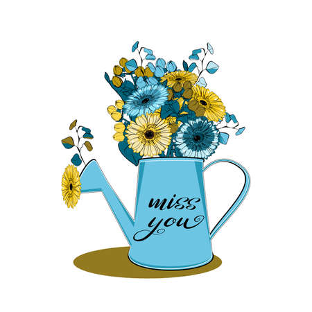 Watering can with bouquet of gerbera flowers and eucalyptus and text miss you vector illustrationのイラスト素材