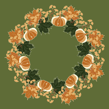 Autumn decorative wreath with ginkgo and maple leaves, and pumpkins on a green backgroundのイラスト素材