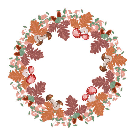 Thanksgiving decorative wreath with oak leaves, acorns, eucalyptus branches and mushroomsのイラスト素材