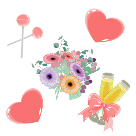 Valentines set vector illustration with bouquet of flowers, lollipops, glasses of champagne and heartsのイラスト素材