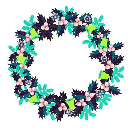 Holiday decoration wreath with holly berries, spruce branches, and bells vector illustrationのイラスト素材